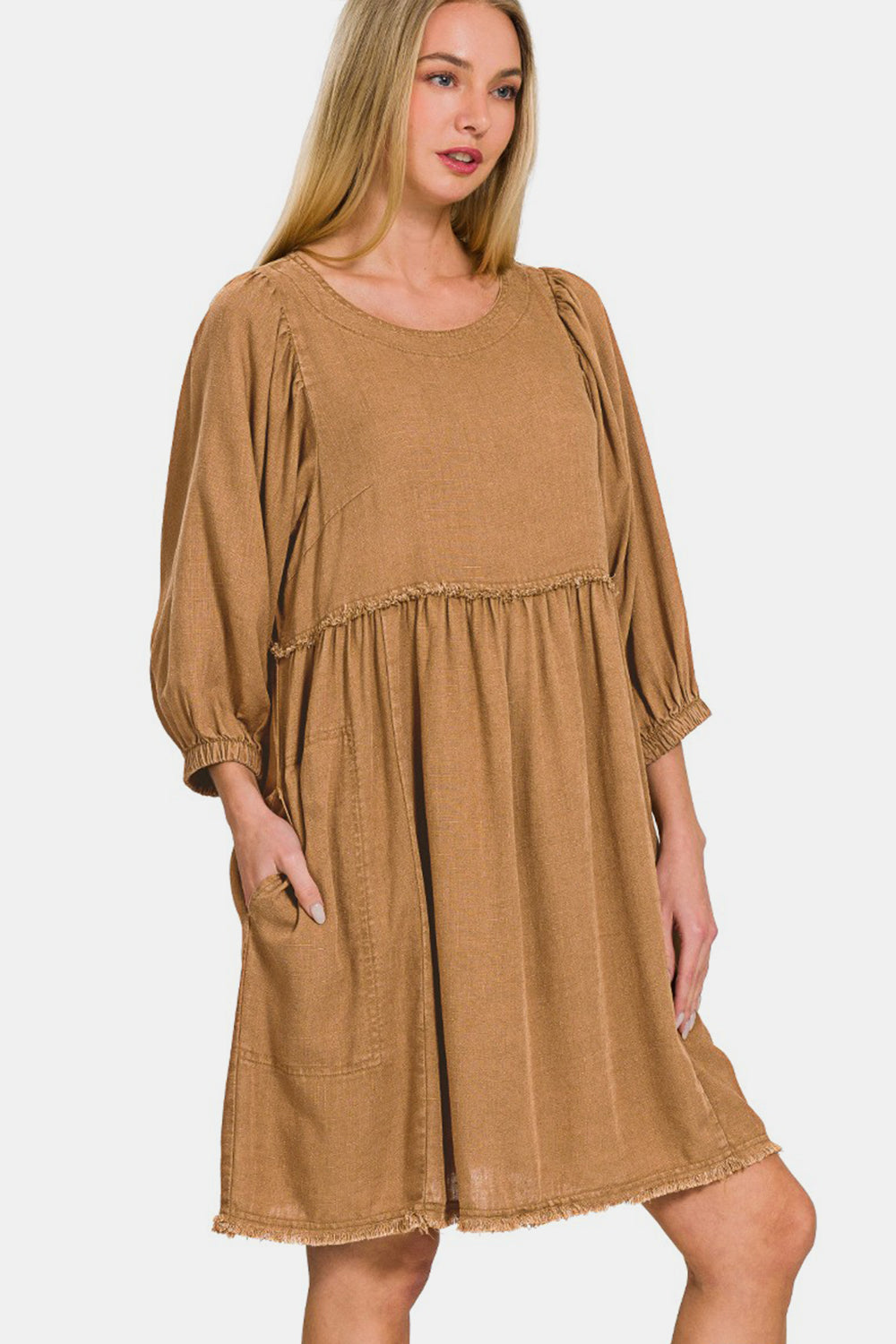 Washed Linen Pleated Puff Sleeve Babydoll Dress