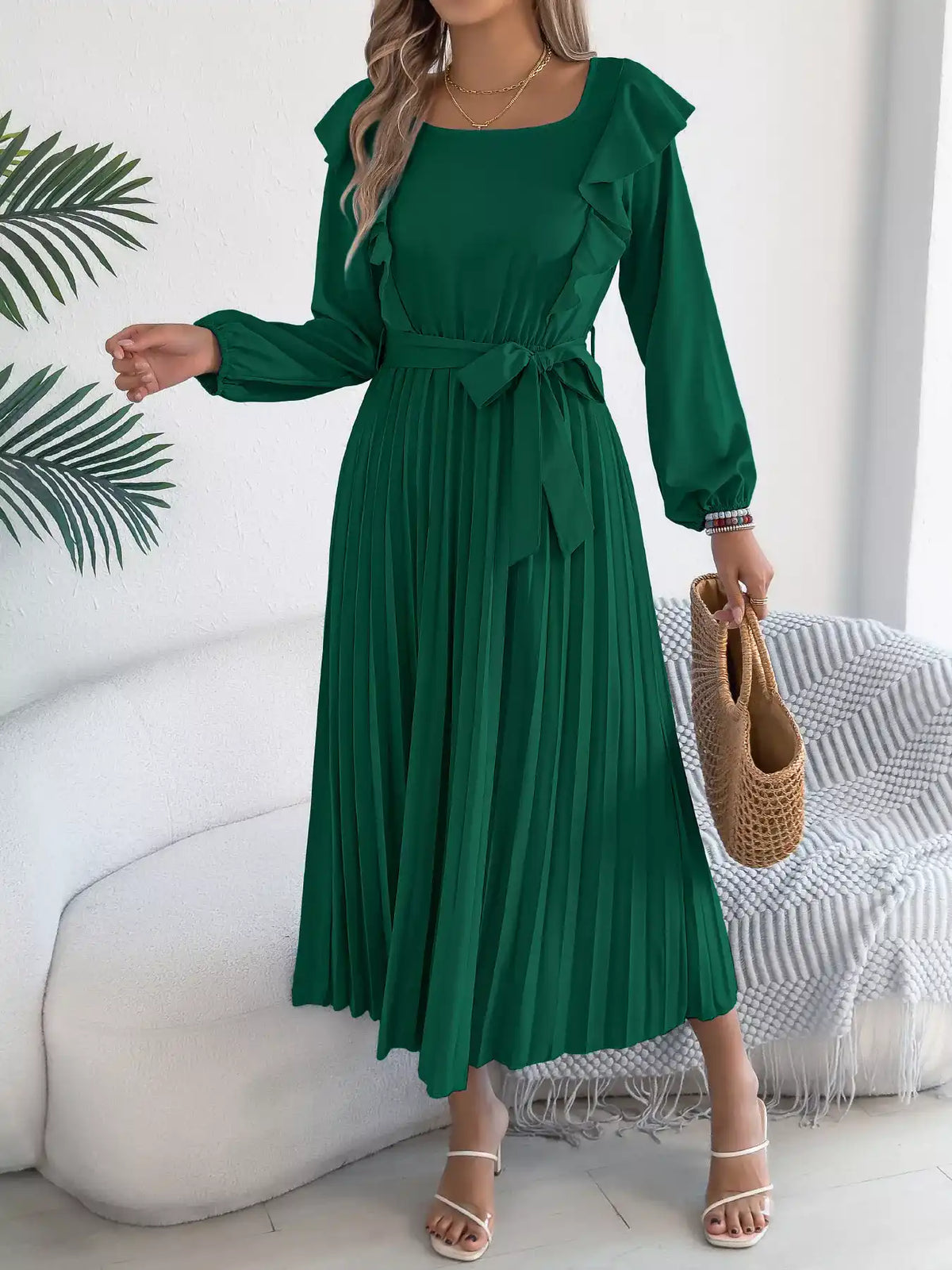 Ruffled Pleated Midi Dress with Waist Tie 101001197851740 44 Affordable Fashion Under $100 Jerry's Apparel 