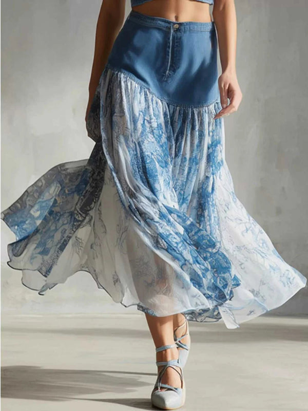 Denim-Paneled Floral Print Skirt 101001978308010 53 Affordable Fashion Under $100 Jerry's Apparel 