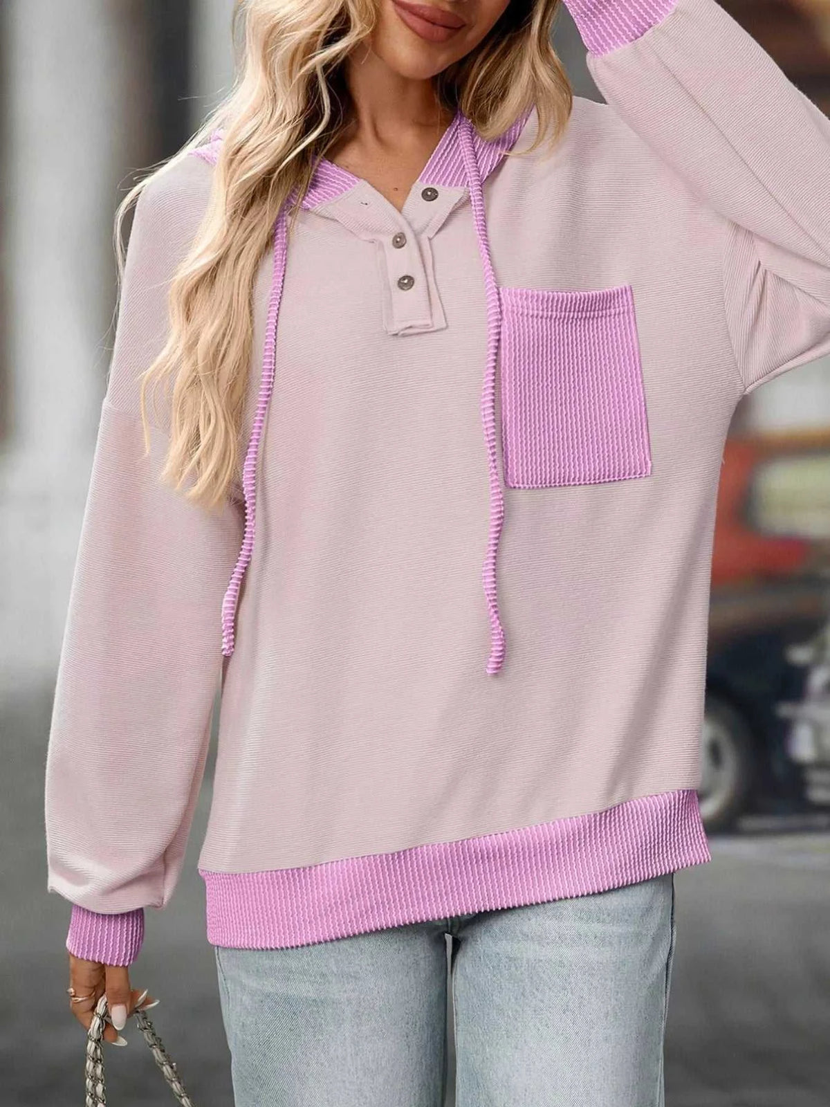 Casual Color Block Button Detail Hoodie 100100649841441 43 Affordable Fashion Under $100 Jerry's Apparel 