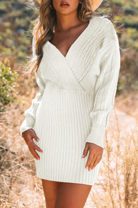 Cable-Knit Surplice Lantern Sleeve Sweater Dress