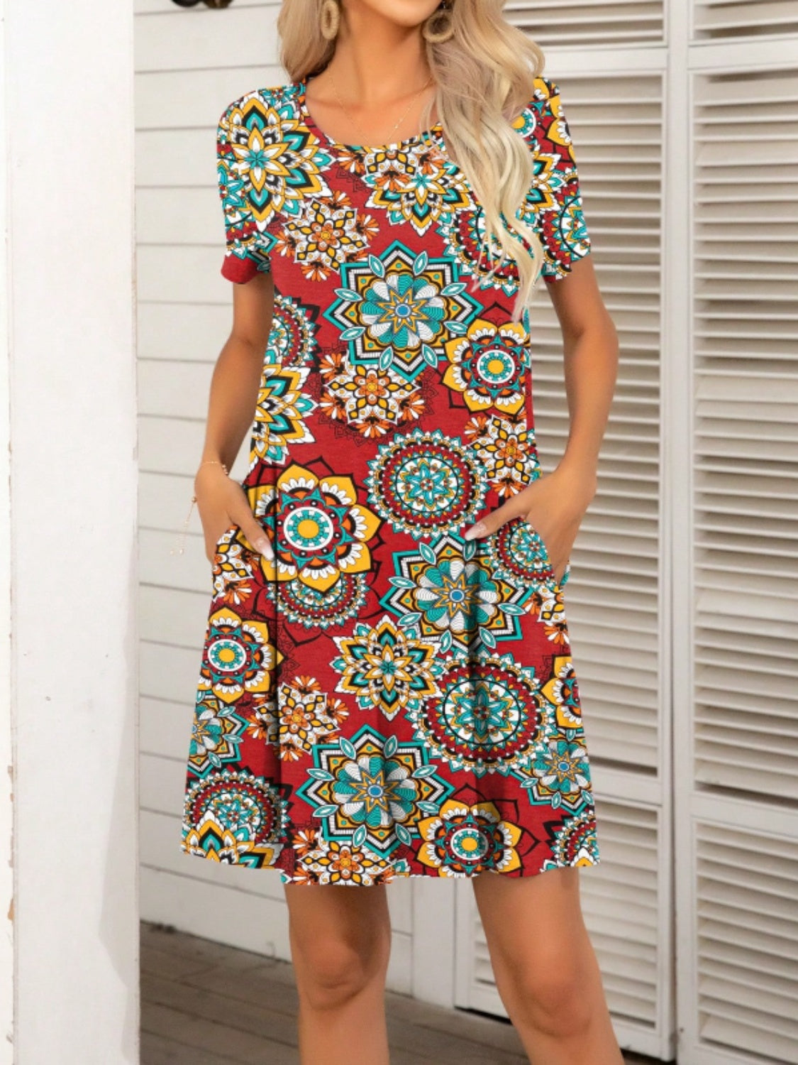 Pocketed Printed Round Neck Short Sleeve Mini Dress