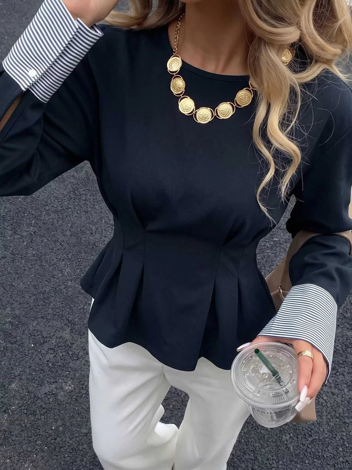 Round Neck Peplum Top with Striped Cuffs 100100734963918 45 Affordable Fashion Under $100 Jerry's Apparel 
