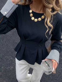 Round Neck Peplum Top with Striped Cuffs 100100734963918 45 Affordable Fashion Under $100 Jerry's Apparel 