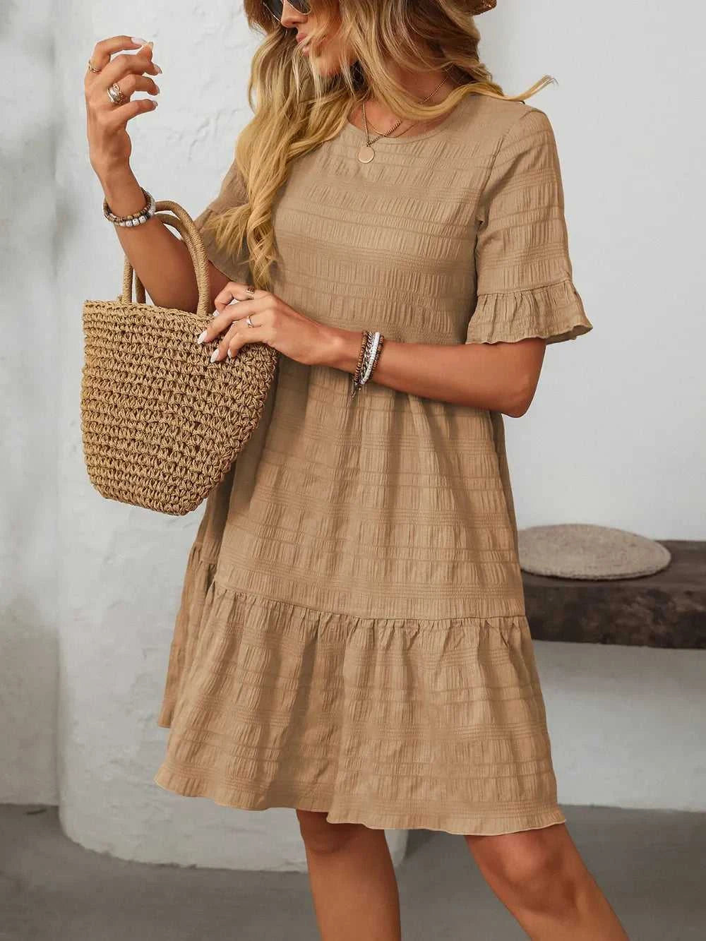 Mandy Ruffled Ruched Round Neck Half Sleeve Dress 100100796041903 25 Affordable Fashion Under $100 Jerry's Apparel 