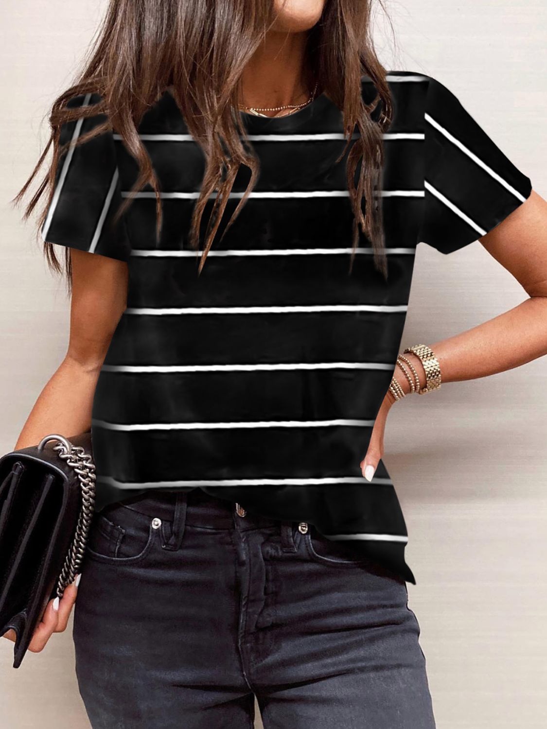 Striped Round Neck Short Sleeve T-Shirt