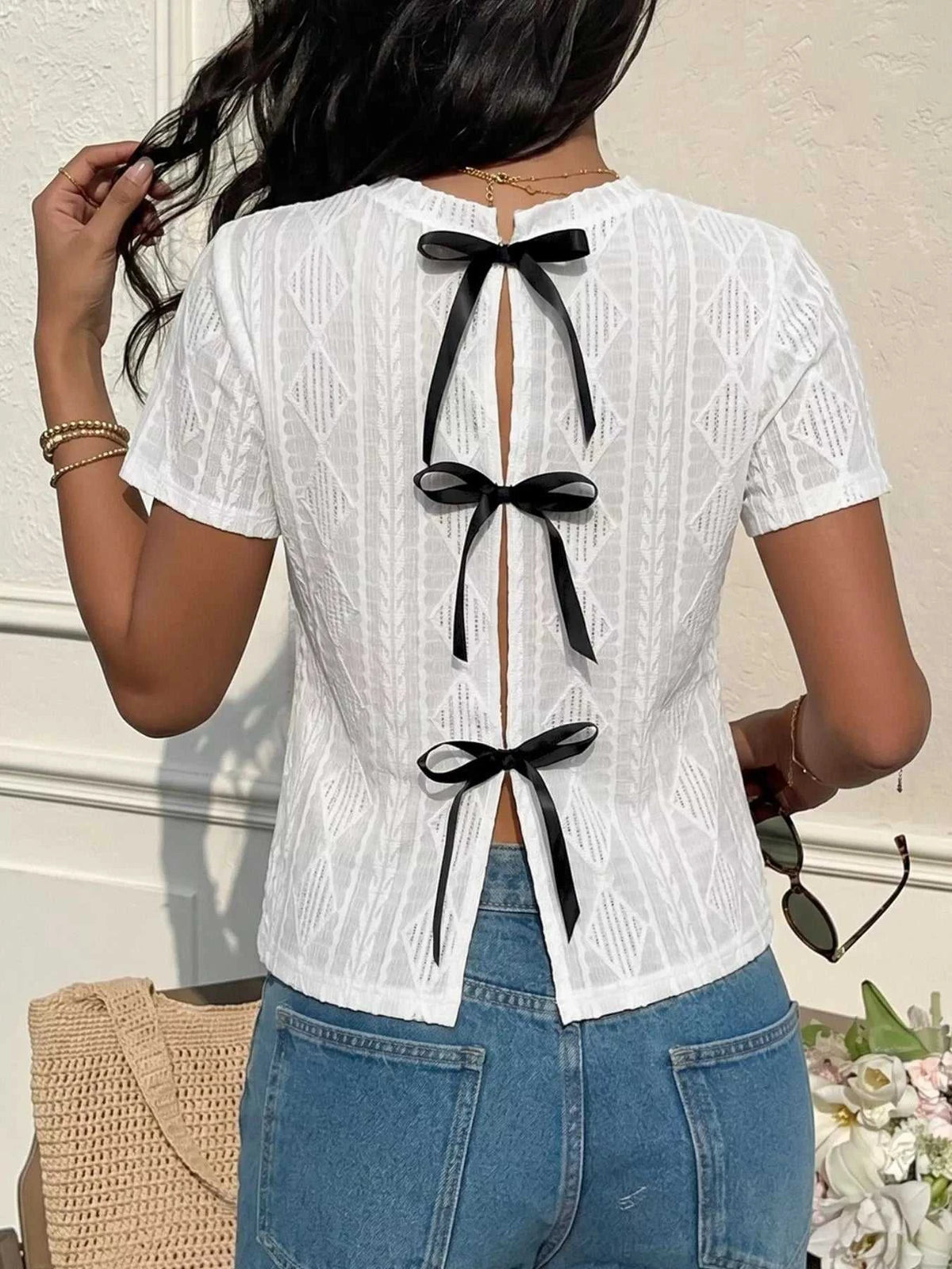 Textured Bow Back Knit T-Shirt 100100804231271 27 Women's T-shirts Affordable Fashion Under $100 Jerry's Apparel 