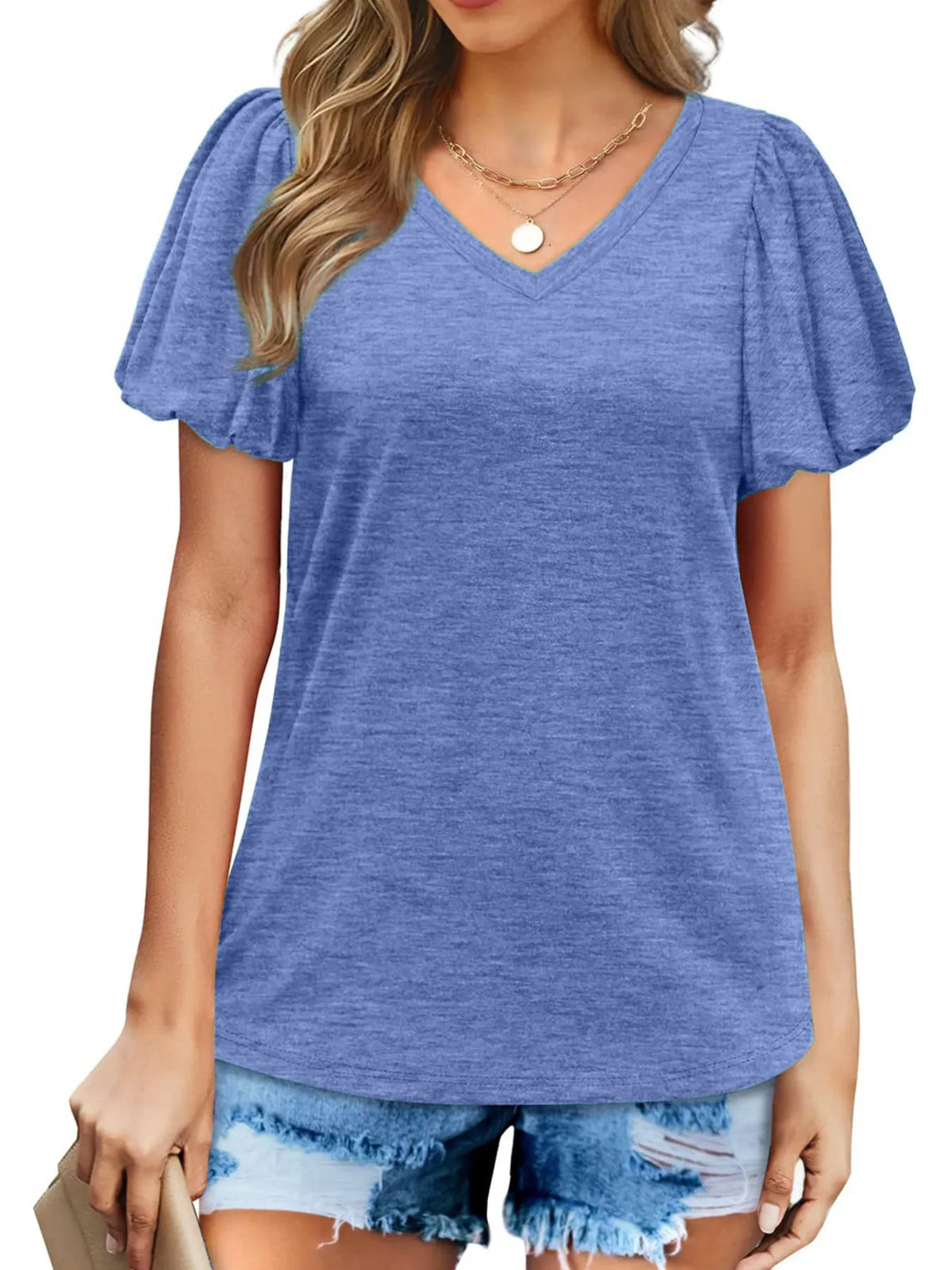 V-Neck Puff Sleeve Casual T-Shirt