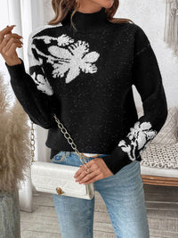 Perfee Flower Mock Neck Long Sleeve Sweater