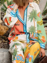 Printed Button Up Shirt and Pants Set