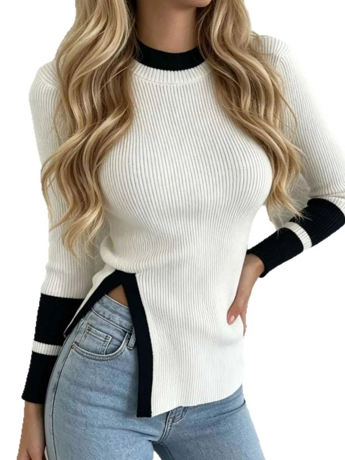 Side Slit Contrast Trim Sweater 101002248618031 43 Affordable Fashion Under $100 Jerry's Apparel 