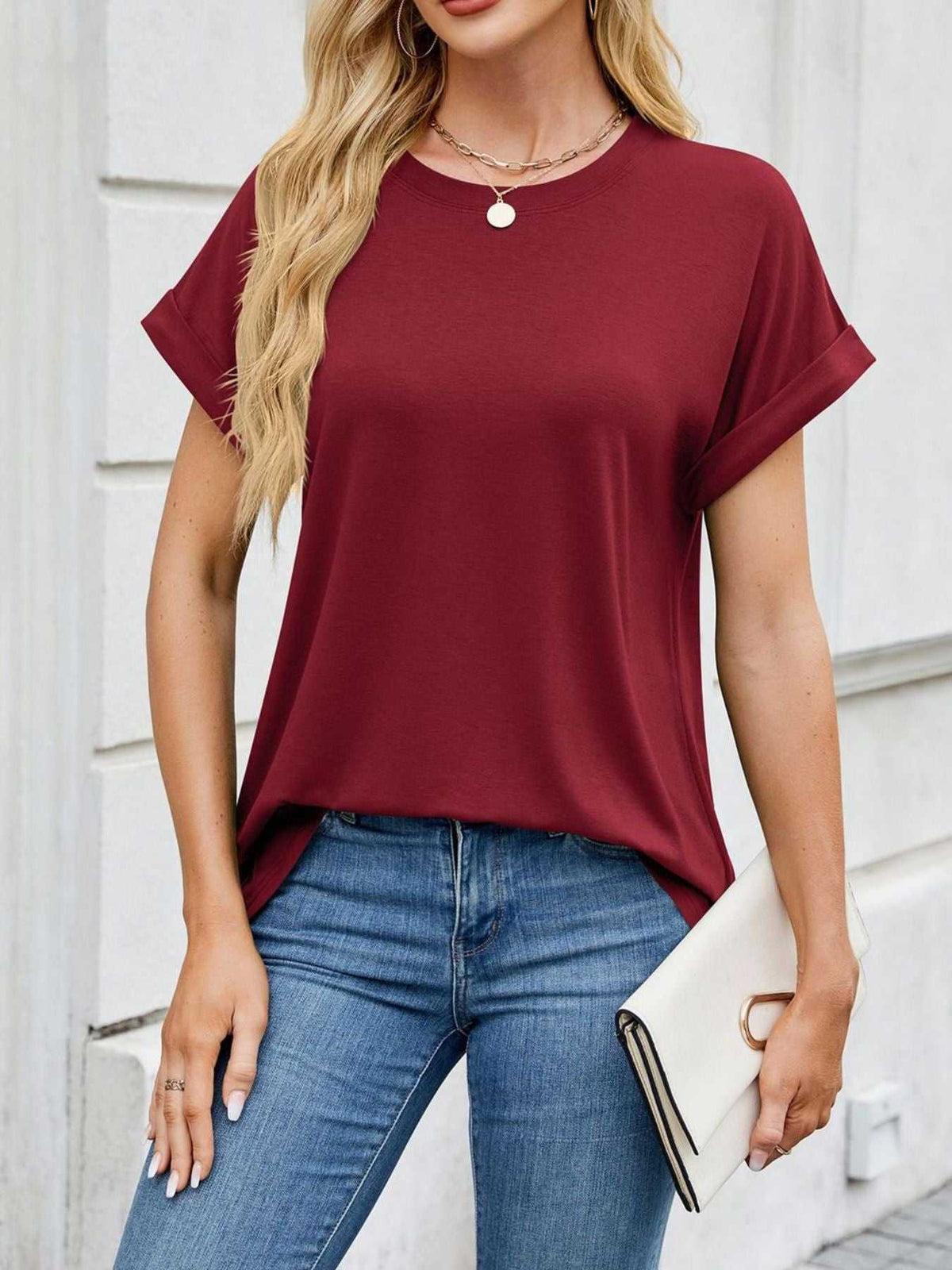 Casual Rolled Sleeve Solid Color T-Shirt 100100517201662 22 Affordable Fashion Under $100 Jerry's Apparel 
