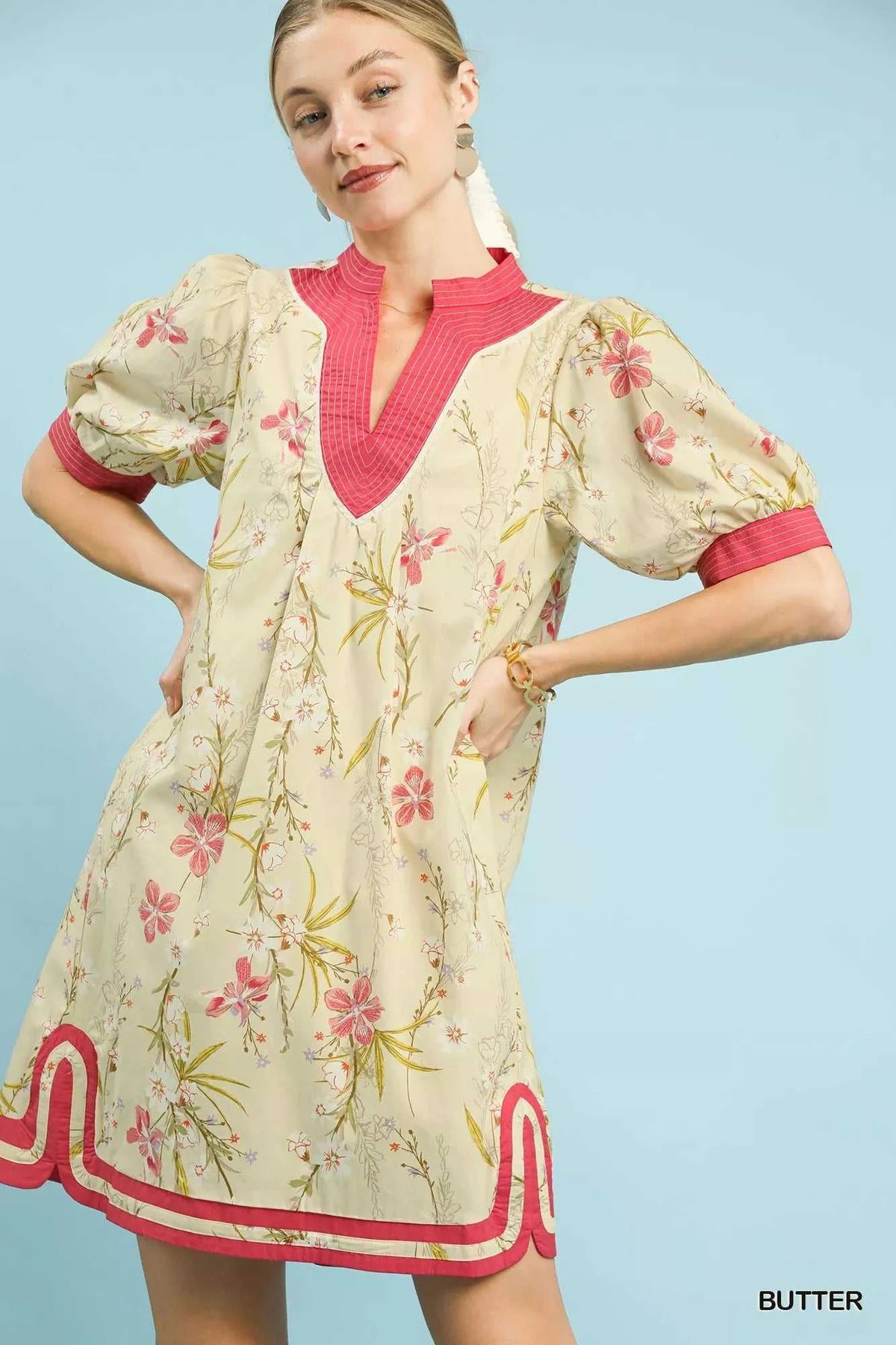Umgee Floral Puff Sleeve Dress with Contrast Trim 100100153901822 62 Gifts for Her Jerry's Apparel 