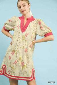 Umgee Floral Puff Sleeve Dress with Contrast Trim 100100153901822 62 Gifts for Her Jerry's Apparel 