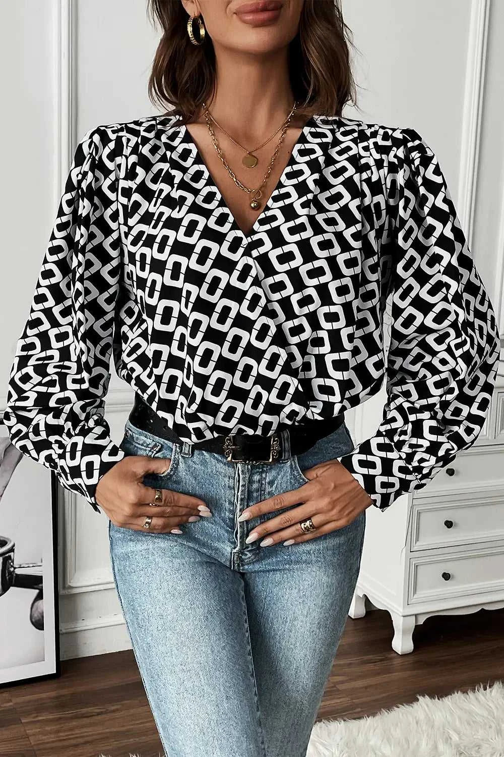 Perfee Geometric V-Neck Long Sleeve Blouse 100101658501768 32 Affordable Fashion Under $100 Jerry's Apparel 