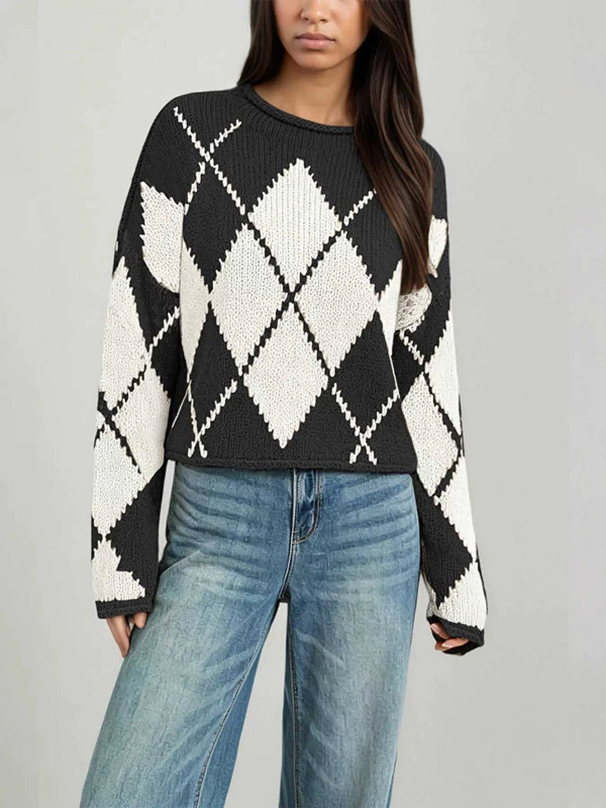 Argyle Pattern Knit Dropped Shoulder Sweater 100100844660276 45 Affordable Fashion Under $100 Jerry's Apparel 