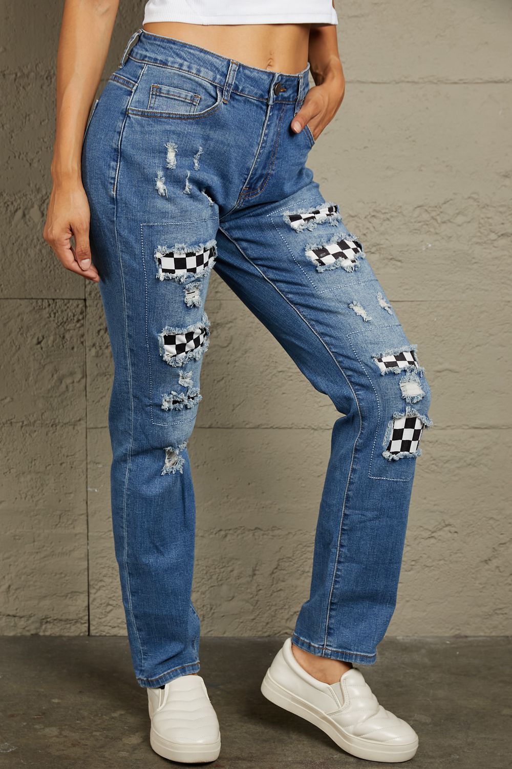 Checkered Patchwork Mid Waist Distressed Jeans