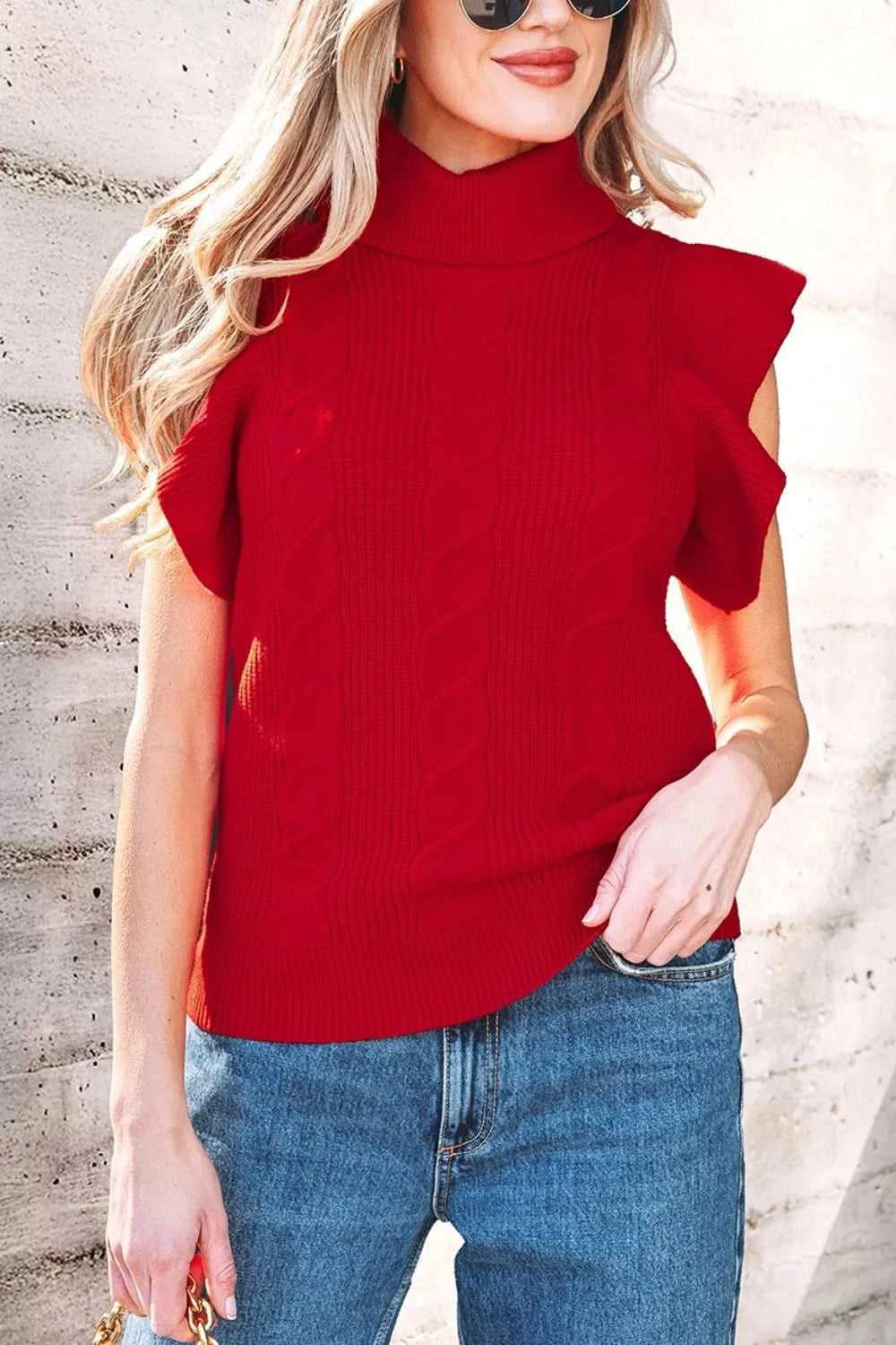 Cable Knit Turtleneck Ruffled Short Sleeve Sweater 101002004961931 44 Affordable Fashion Under $100 Jerry's Apparel 
