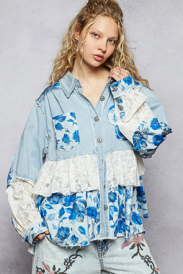 POL Floral Patchwork Denim Shirt with Lace Trim Details