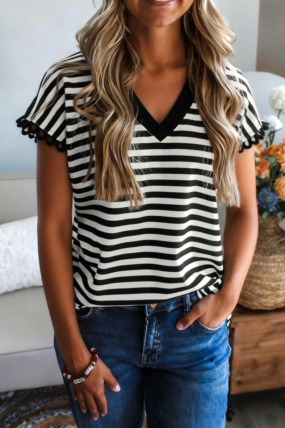 Striped V-Neck Scalloped Short Sleeve T-Shirt 100100813641731 25 Affordable Fashion Under $100 Jerry's Apparel 