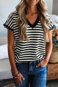 Striped V-Neck Scalloped Short Sleeve T-Shirt 100100813641731 25 Affordable Fashion Under $100 Jerry's Apparel 