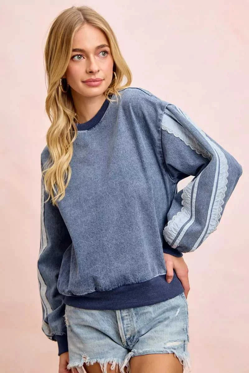 BiBi Washed Denim Lace Contrast Sided Sweatshirt 100100756531525 56 Affordable Fashion Under $100 Jerry's Apparel 