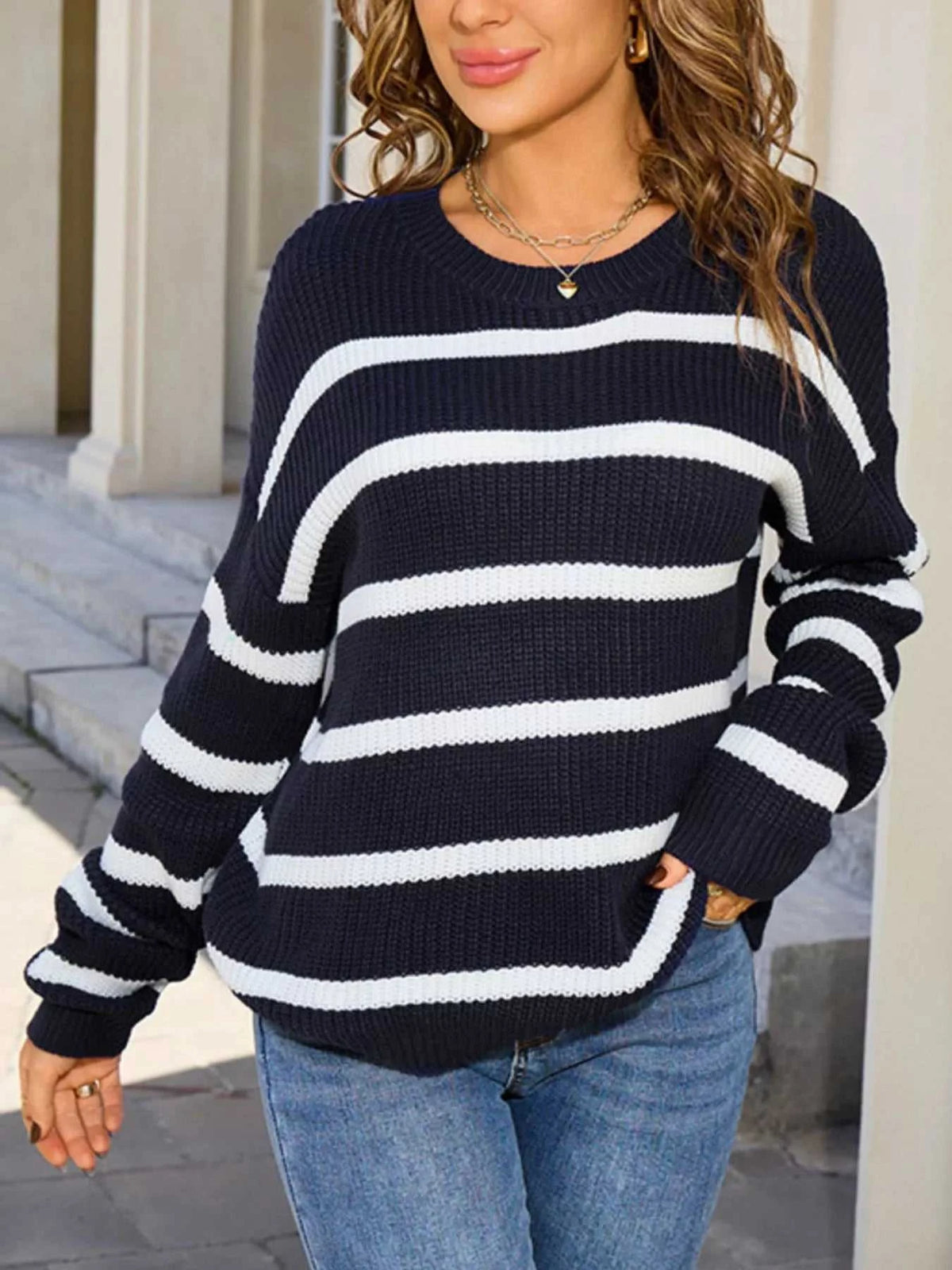 Striped Round Neck Dropped Shoulder Sweater 100100625774845 43 Affordable Fashion Under $100 Jerry's Apparel 
