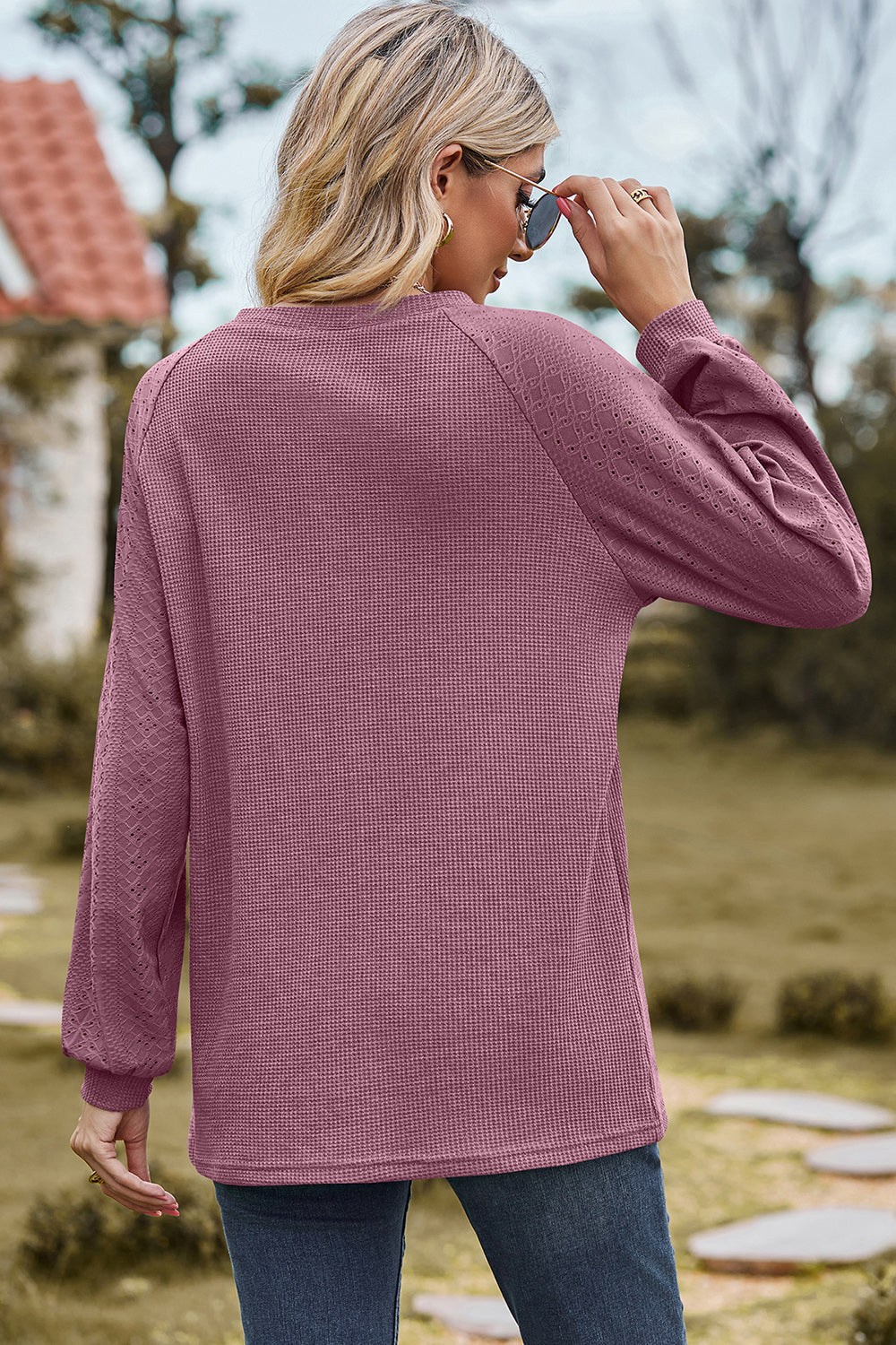 Eyelet Round Neck Long Sleeve T-Shirt