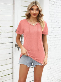 Ruffle Sleeve Keyhole Tie Neck T-Shirt