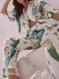 Printed Button Up Shirt and Pants Set