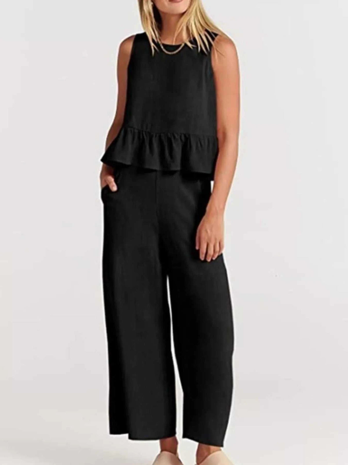 Full Size Ruffled Hem Sleeveless Top and Wide-Leg Pants Set Plus Size 100100048319818 31 Affordable Fashion Under $100 Jerry's Apparel 