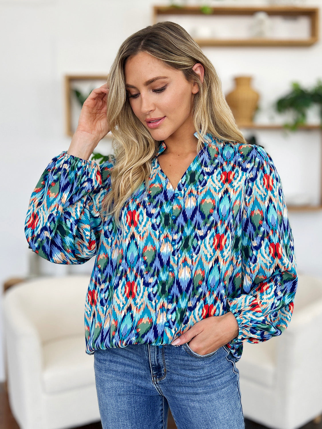 Full Size Printed Balloon Sleeve Blouse