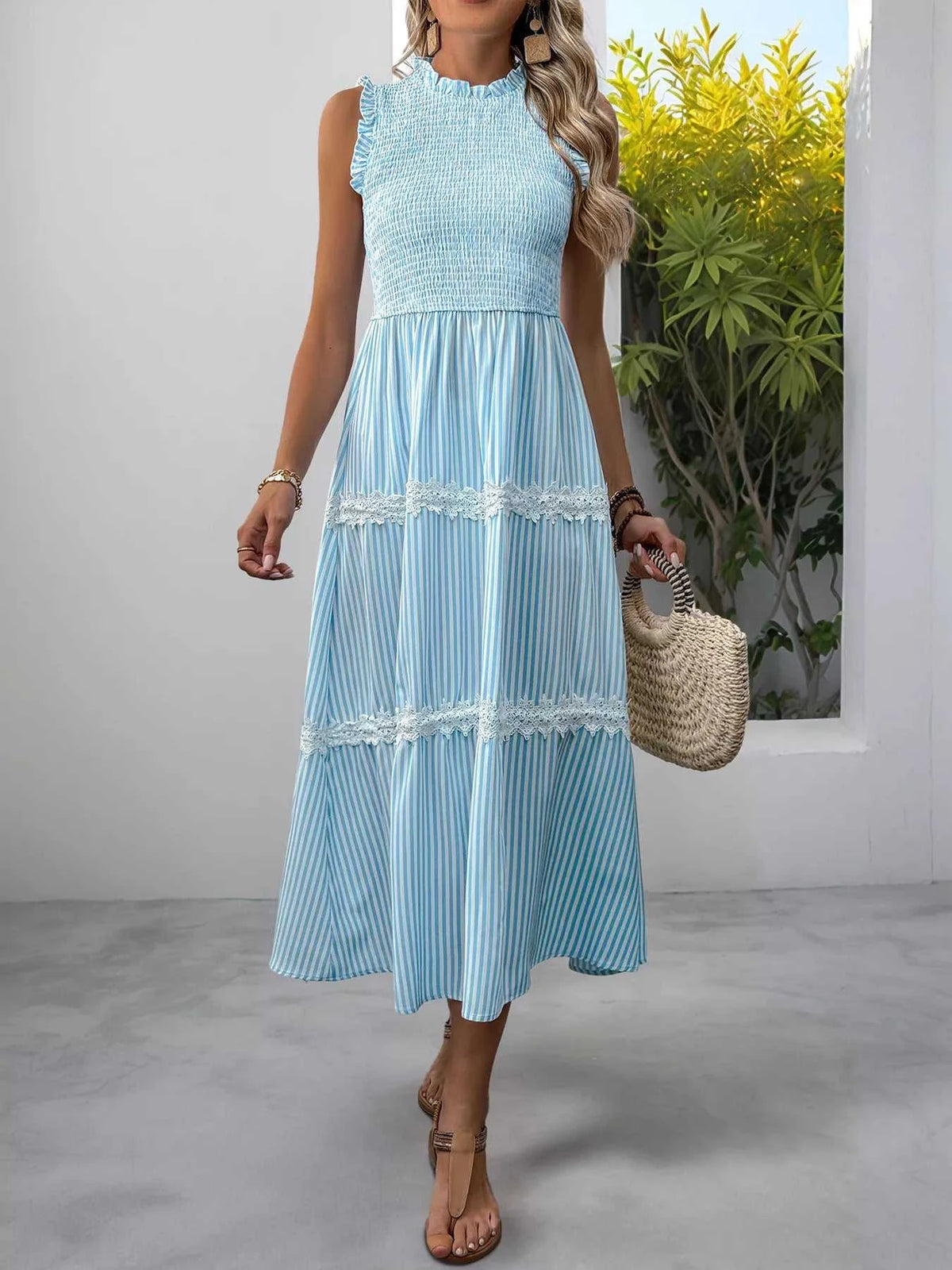 Striped Smocked Sleeveless Tiered Midi Dress 100100055203961 49 Affordable Fashion Under $100 Jerry's Apparel 