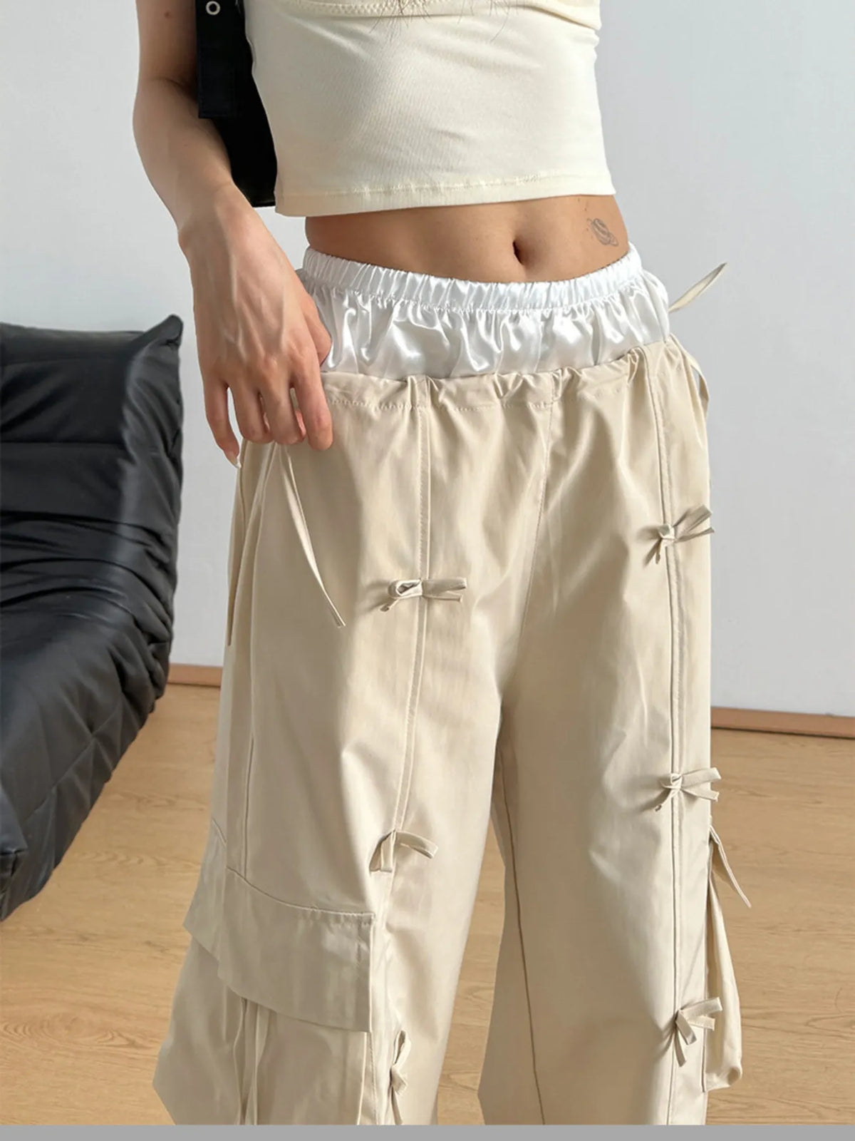 Cargo Wide Leg Pants with Bow Tie Details