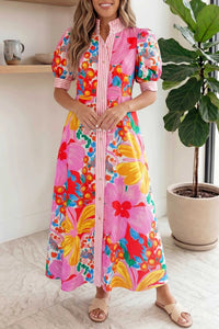Floral Print Striped Trim Button Down Short Sleeve Maxi Dress 100100361316531 60 Affordable Fashion Under $100 Jerry's Apparel 