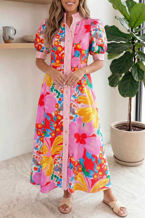 Floral Print Striped Trim Button Down Short Sleeve Maxi Dress 100100361316531 60 Affordable Fashion Under $100 Jerry's Apparel 