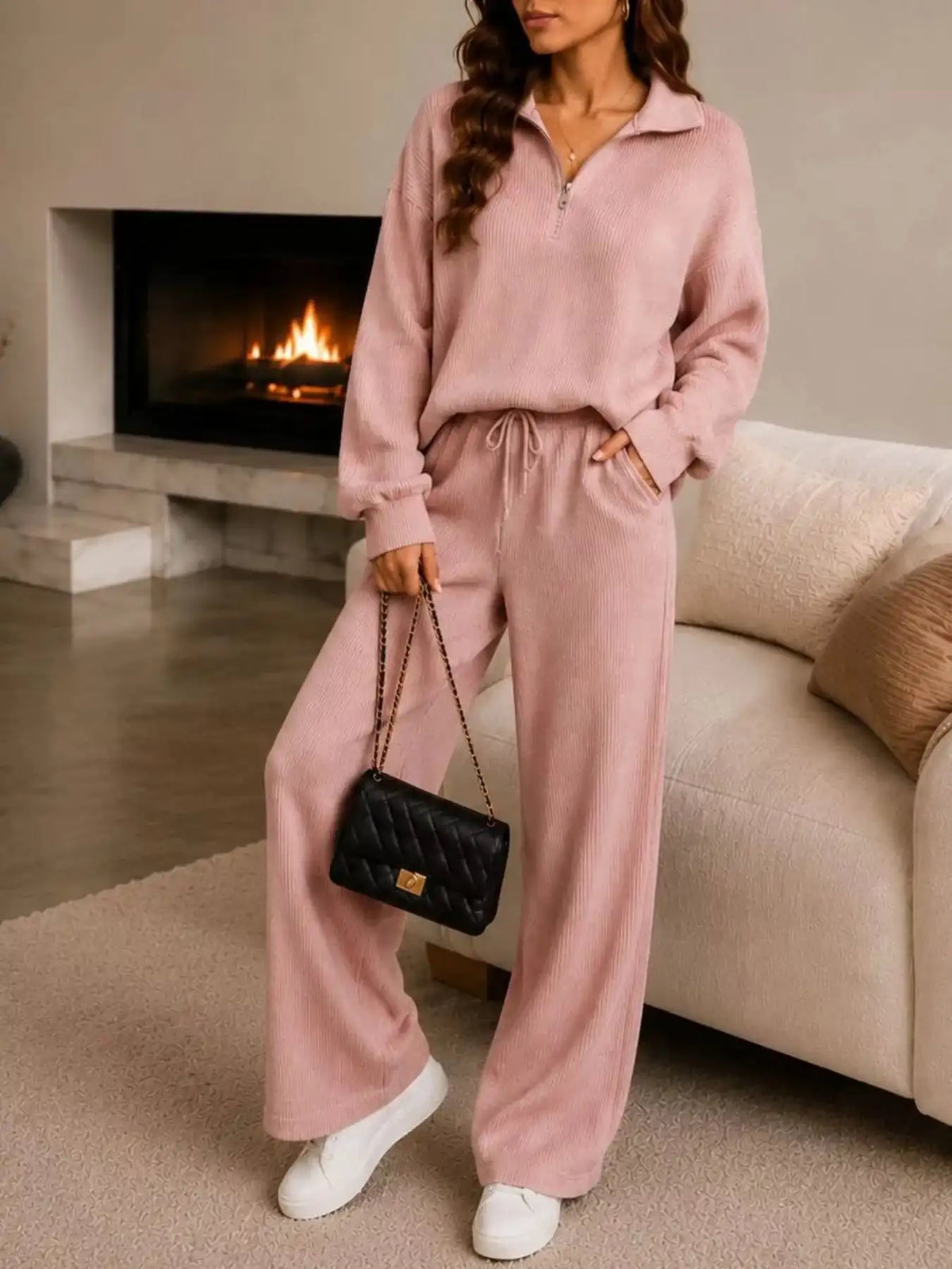 Cozy Ribbed Knit Quarter-Zip Top and Wide-Leg Set 101001505411513 59 Affordable Fashion Under $100 Jerry's Apparel 