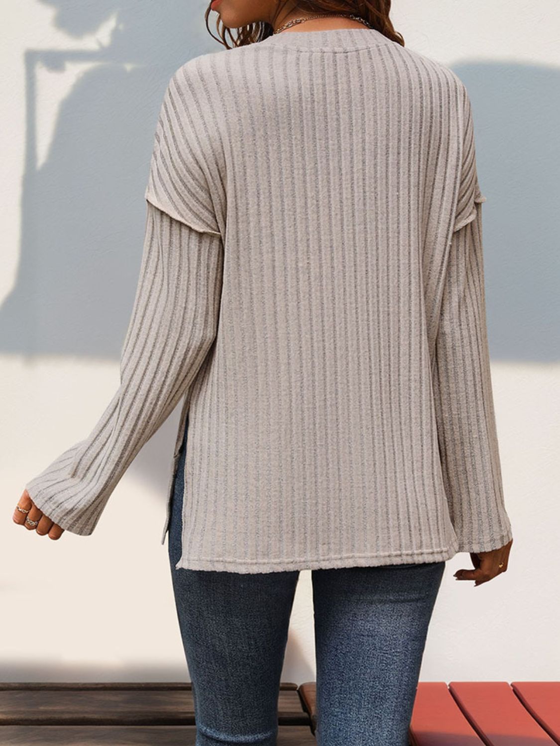 Perfee Slit Half Button Long Sleeve T-Shirt