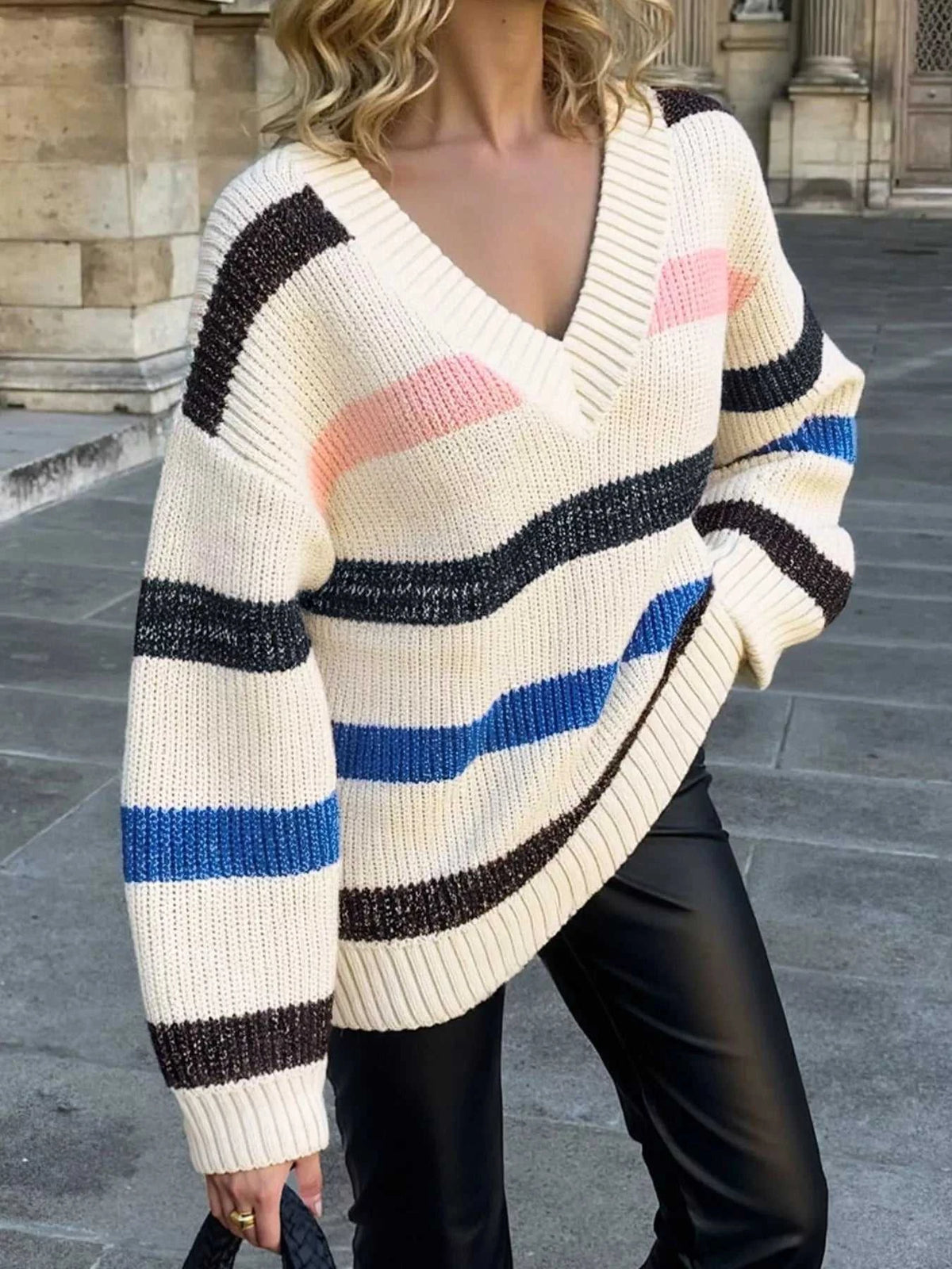 Striped V-Neck Oversized Sweater 100100290593757 44 Affordable Fashion Under $100 Jerry's Apparel 