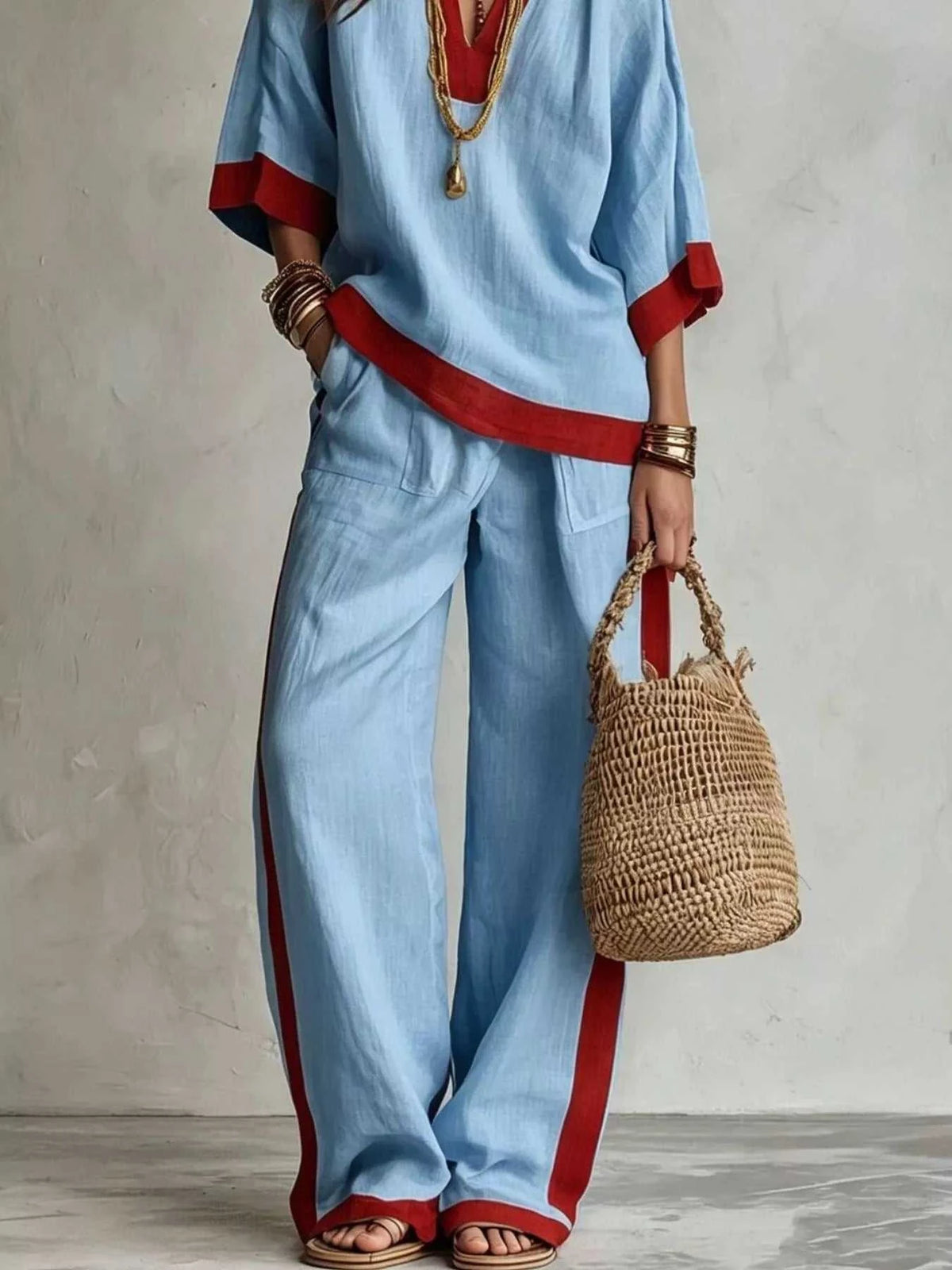 Full Size Contrast Trim Top and Wide Leg Pants Set Plus Size 101001012613218 46 Affordable Fashion Under $100 Jerry's Apparel 