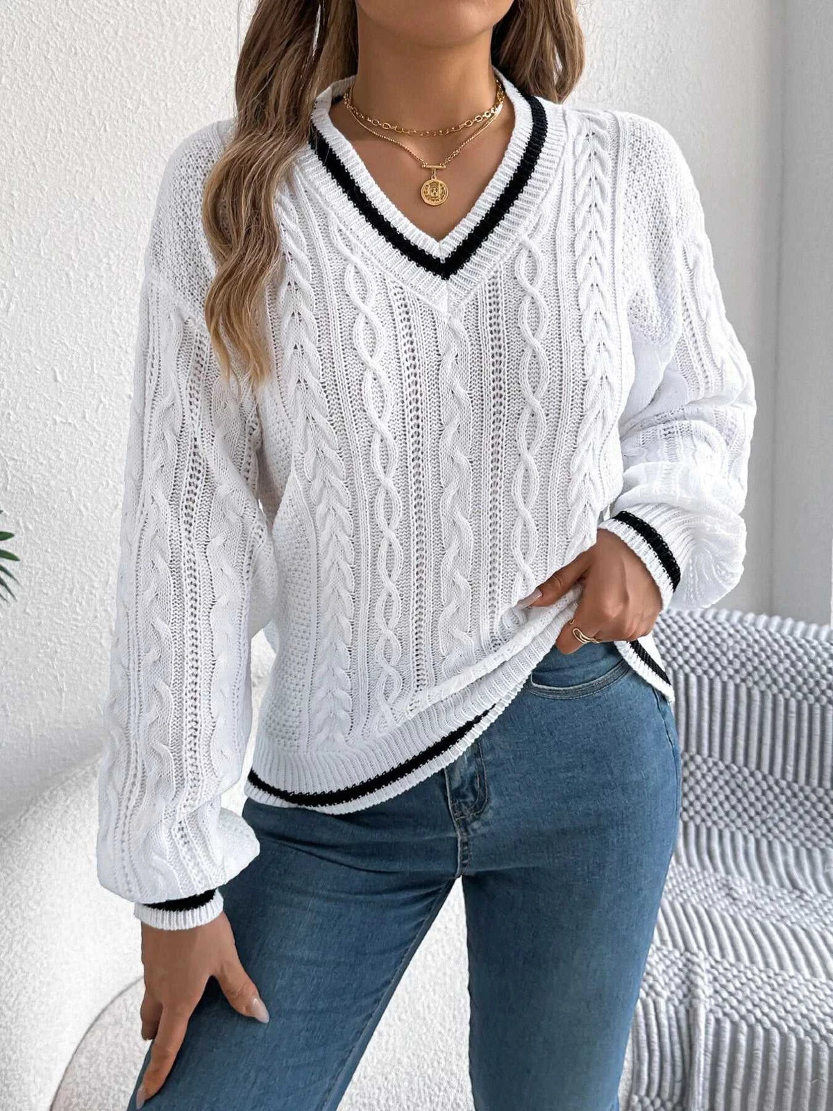 V-Neck Cable Knit Sweater with Striped Trim 101002502315459 35 Affordable Fashion Under $100 Jerry's Apparel 