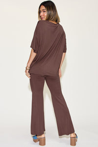 Full Size Bamboo Drop Shoulder T-Shirt and Flare Pants Set