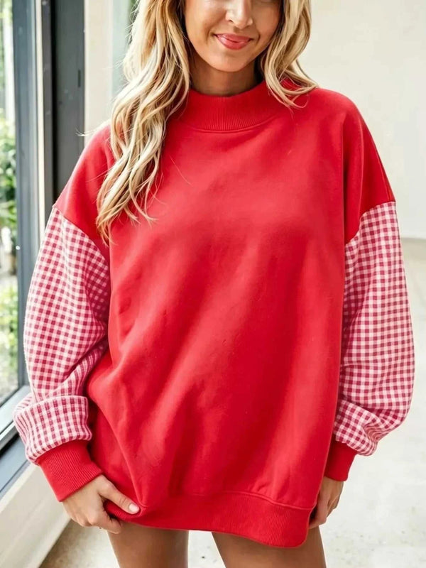 Gingham Sleeves Round Neck Sweatshirt 101001400609518 61 Affordable Fashion Under $100 Jerry's Apparel 