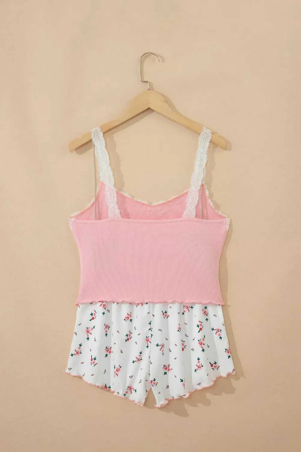 Ribbed Knit Lace Straps Patchwork Lettuce Hem Cropped Top Floral Short Lounge Set 100100950220644 33 Affordable Fashion Under $100 Jerry's Apparel 