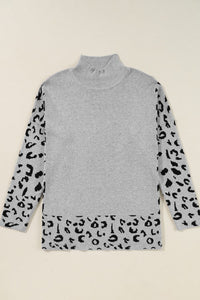 Slit Leopard Mock Neck Dropped Shoulder Sweater