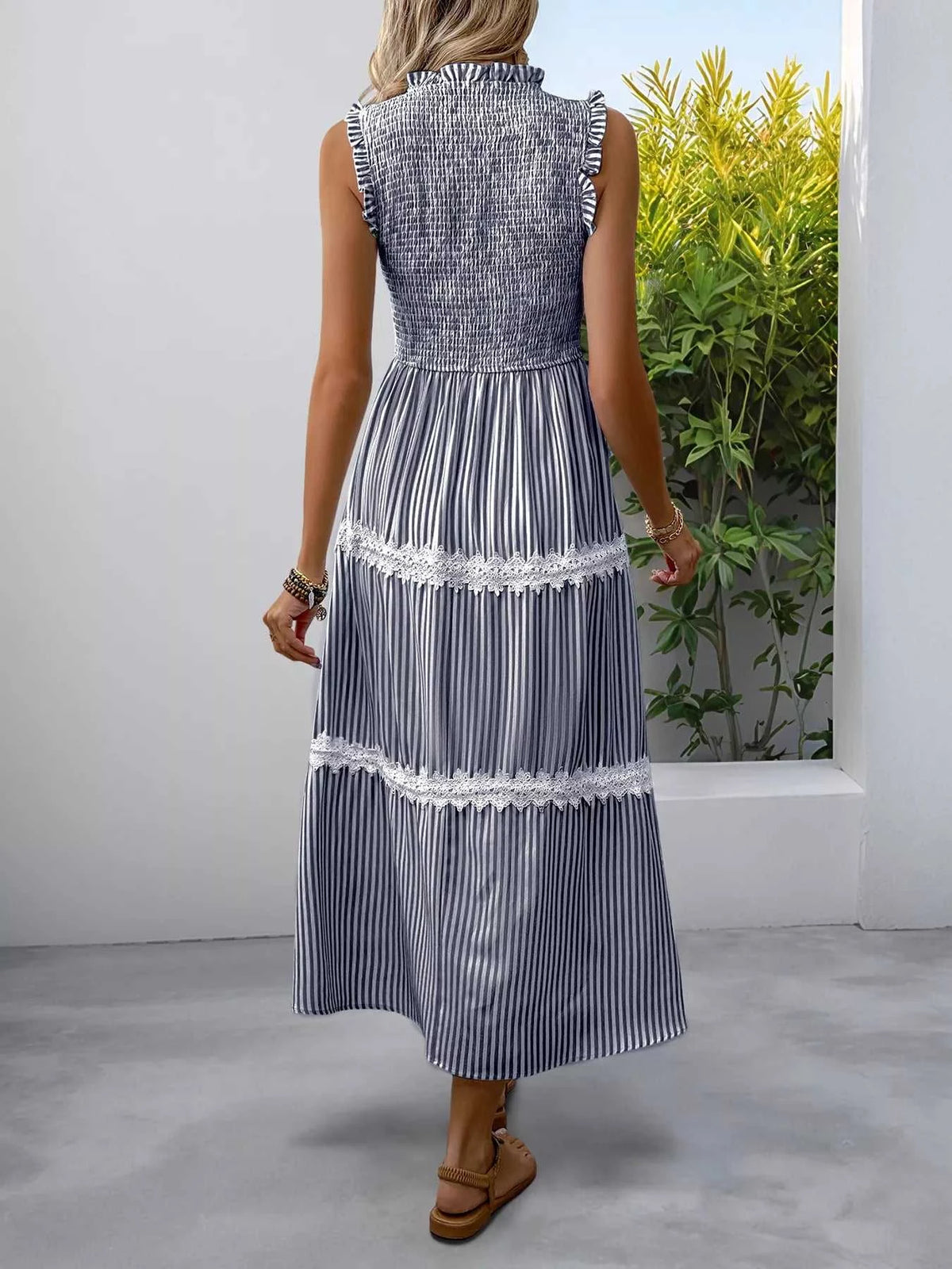 Smocked Striped Lace Trim Sleeveless Midi Dress 100100337606296 49 Affordable Fashion Under $100 Jerry's Apparel 