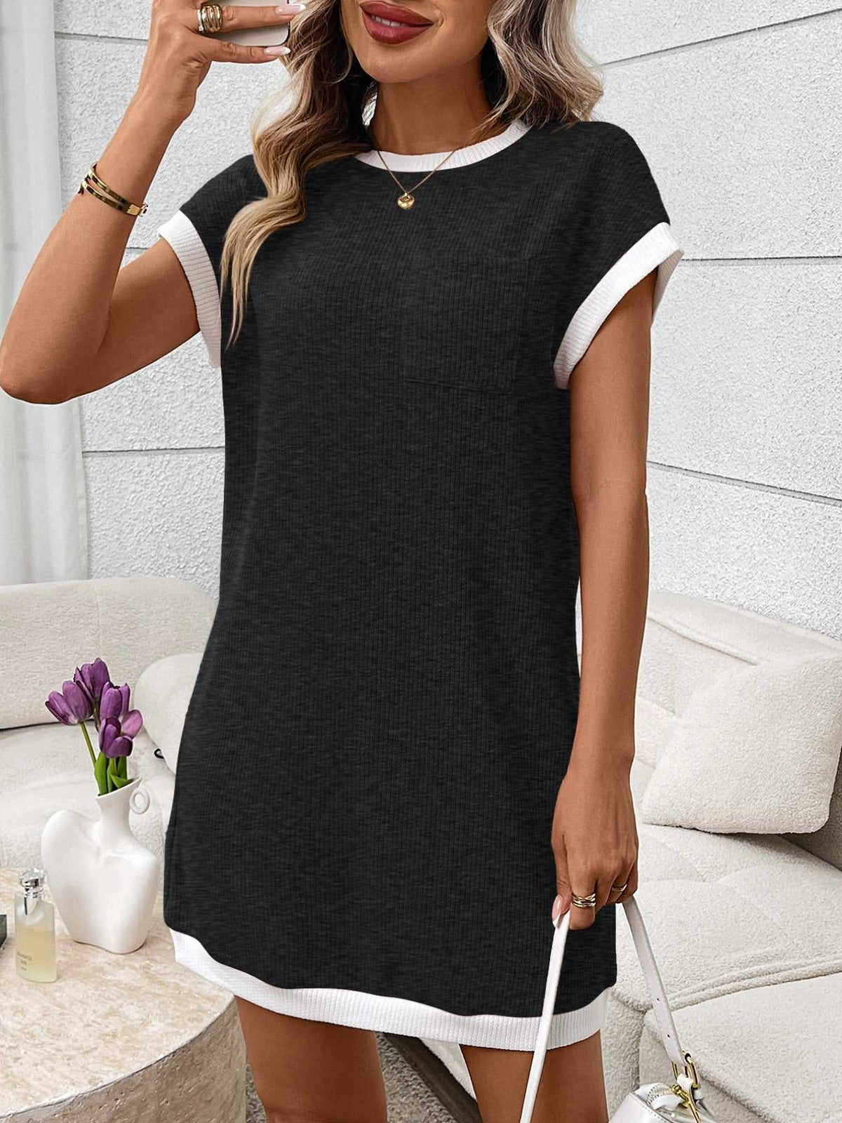 Contrast Trim Ribbed Knit Mini Dress with Pocket 100100281069040 32 Affordable Fashion Under $100 Jerry's Apparel 
