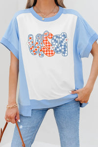Star Plaid Flower USA Graphic Color Block Crewneck T Shirt