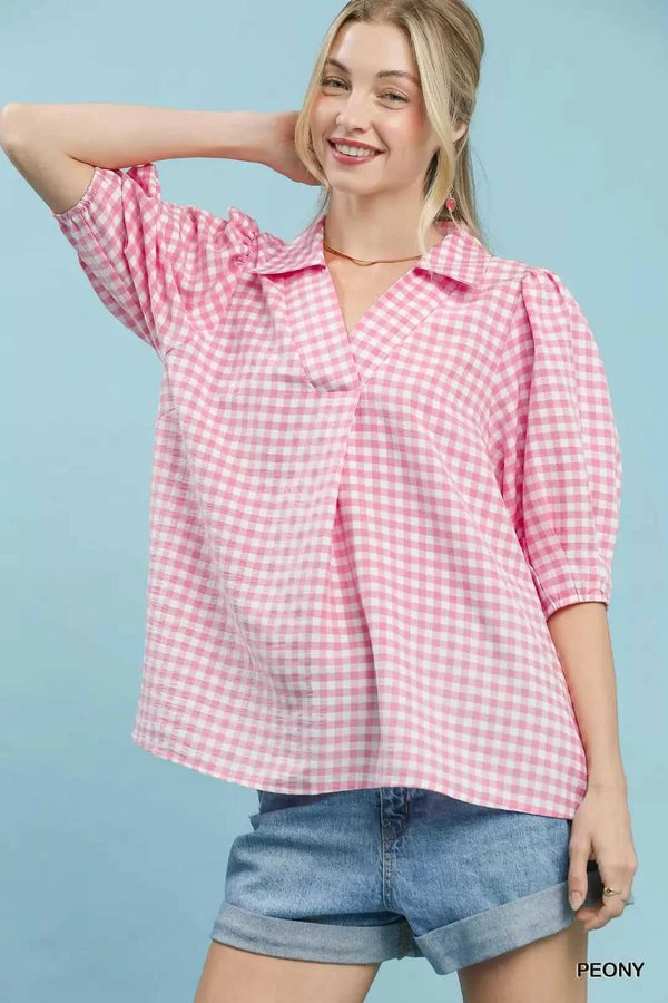 Umgee Gingham Puff Sleeve Collared Blouse 100100771141184 45 Affordable Fashion Under $100 Jerry's Apparel 