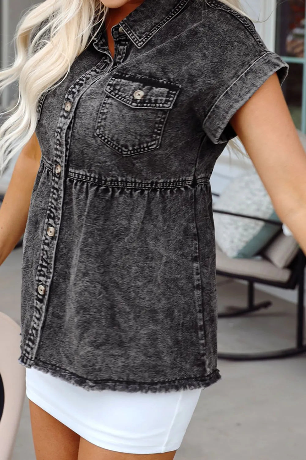 Short Sleeve Flap Pocket Button Up Raw Hem Denim Shirt
